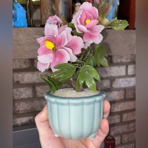 Vintage 6.5" Pink Blossom Flowers Bonsai Jade Glass Tree Asian Oriental Japanese